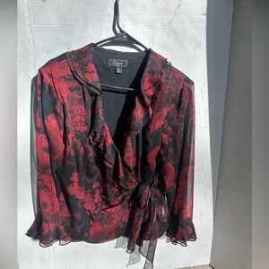 Beautiful Sheer Black and Red Floral Ruffled Blouse with wrap front tie/ size 14